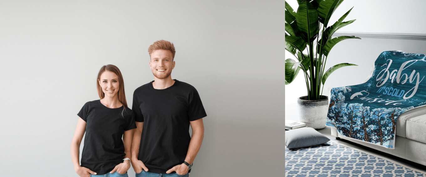 Couple wearing t-shirt and blanket design sample